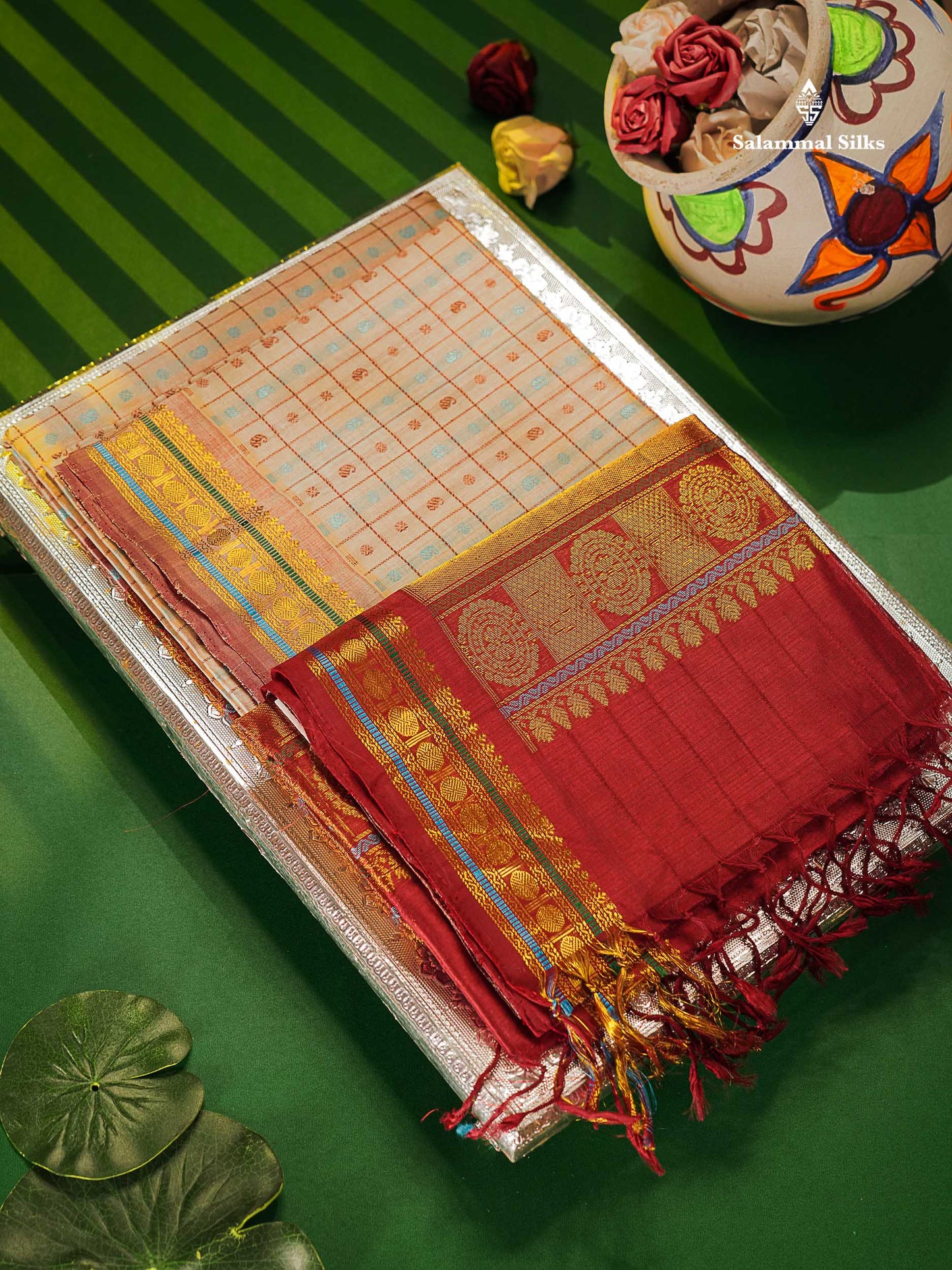 Pure Silk Cotton Saree - Half White Colour Body Checks With Butta & Traditional Small Border 