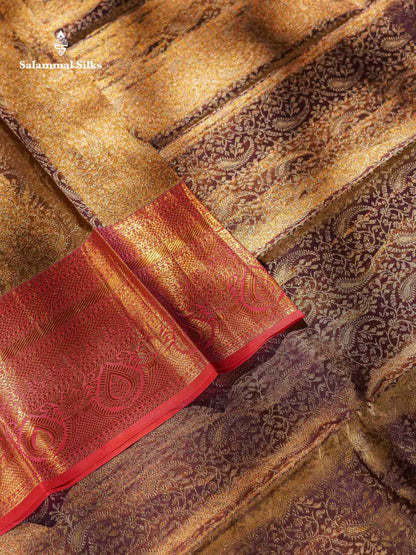 Beautiful Light Violet Tissue Bridal Pure Kanjivaram Silk Saree With Contrast Peach Traditional Border