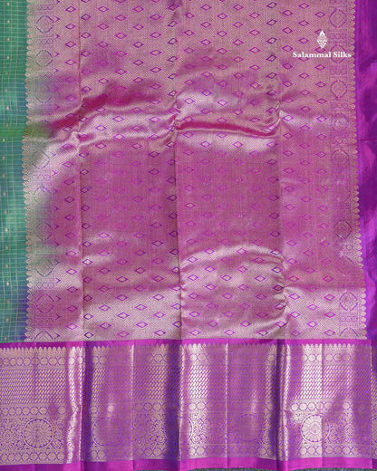 Pure Kanjivaram Silk Saree - Green Colour Body Checks With Butta & Purple Border