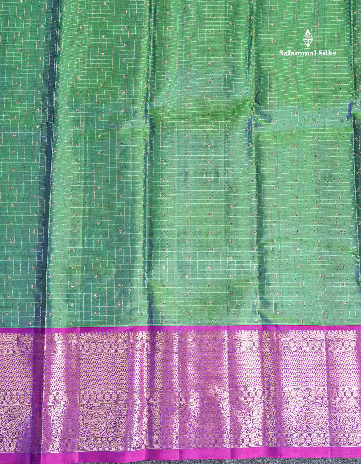Pure Kanjivaram Silk Saree - Green Colour Body Checks With Butta & Purple Border