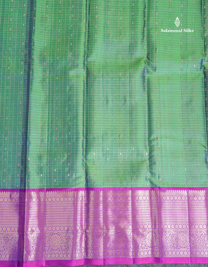 Pure Kanjivaram Silk Saree - Green Colour Body Checks With Butta & Purple Border