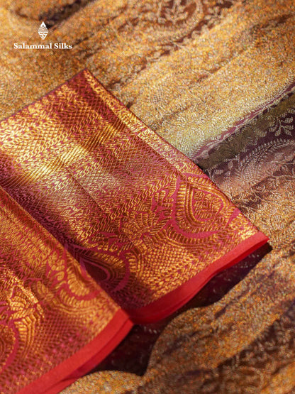 Beautiful Light Violet Tissue Bridal Pure Kanjivaram Silk Saree With Contrast Peach Traditional Border