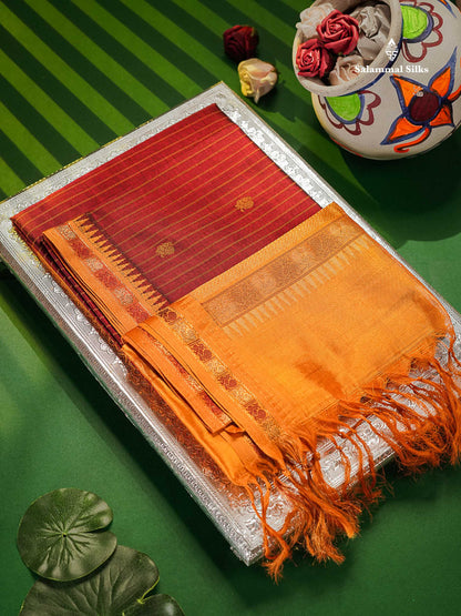 Pure Silk Cotton Saree - Dark Maroon Colour Body Thread Butta With Traditional Border 