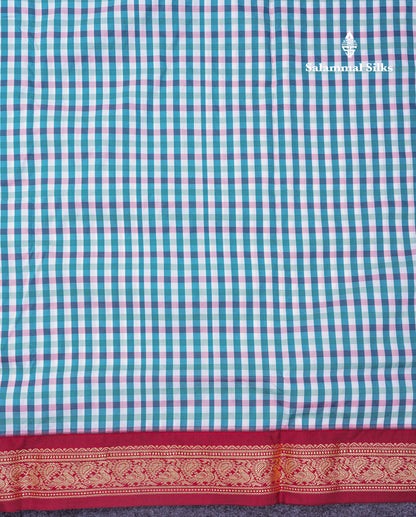 9.5 Yards Semi Silk Saree Peacock Green & White Checks With Contrast Maroon Traditional Border