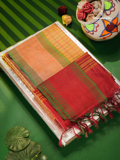 Pure Silk Cotton Saree - Cream Sandal Colour Body Checks With Butta & Traditional Gap Border