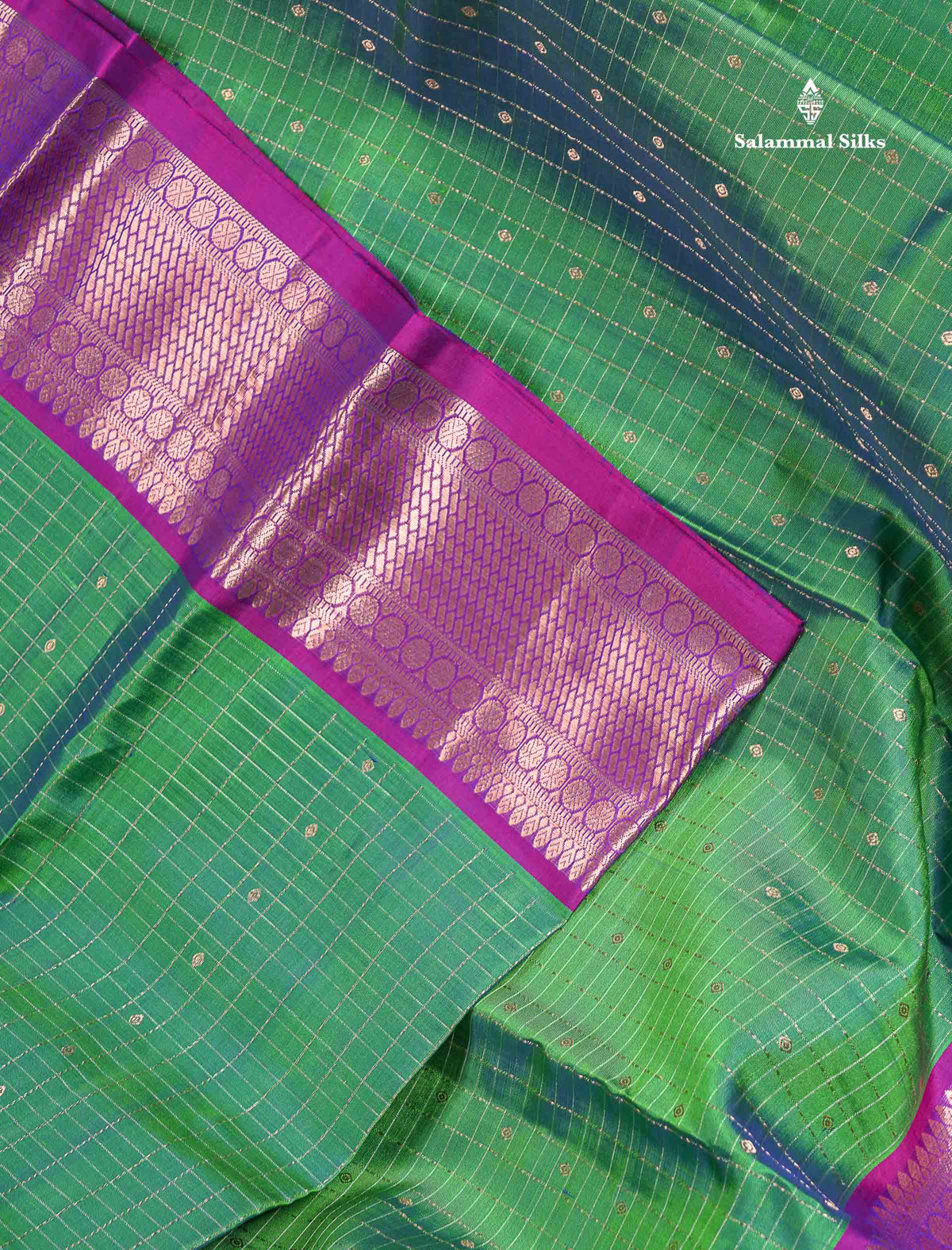 Pure Kanjivaram Silk Saree - Green Colour Body Checks With Butta & Purple Border