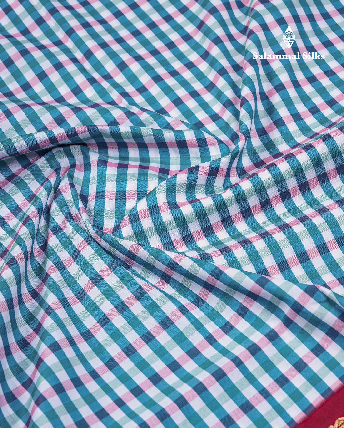9.5 Yards Semi Silk Saree Peacock Green & White Checks With Contrast Maroon Traditional Border