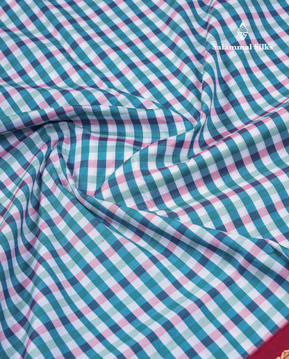 9.5 Yards Semi Silk Saree Peacock Green & White Checks With Contrast Maroon Traditional Border