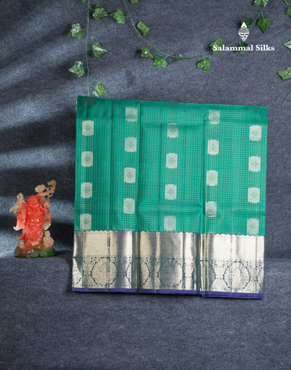 Pure Silk Pattu Pavadai Small Checks (Saffire Green) With Contrast Dual Tone Violet Blouse 45"