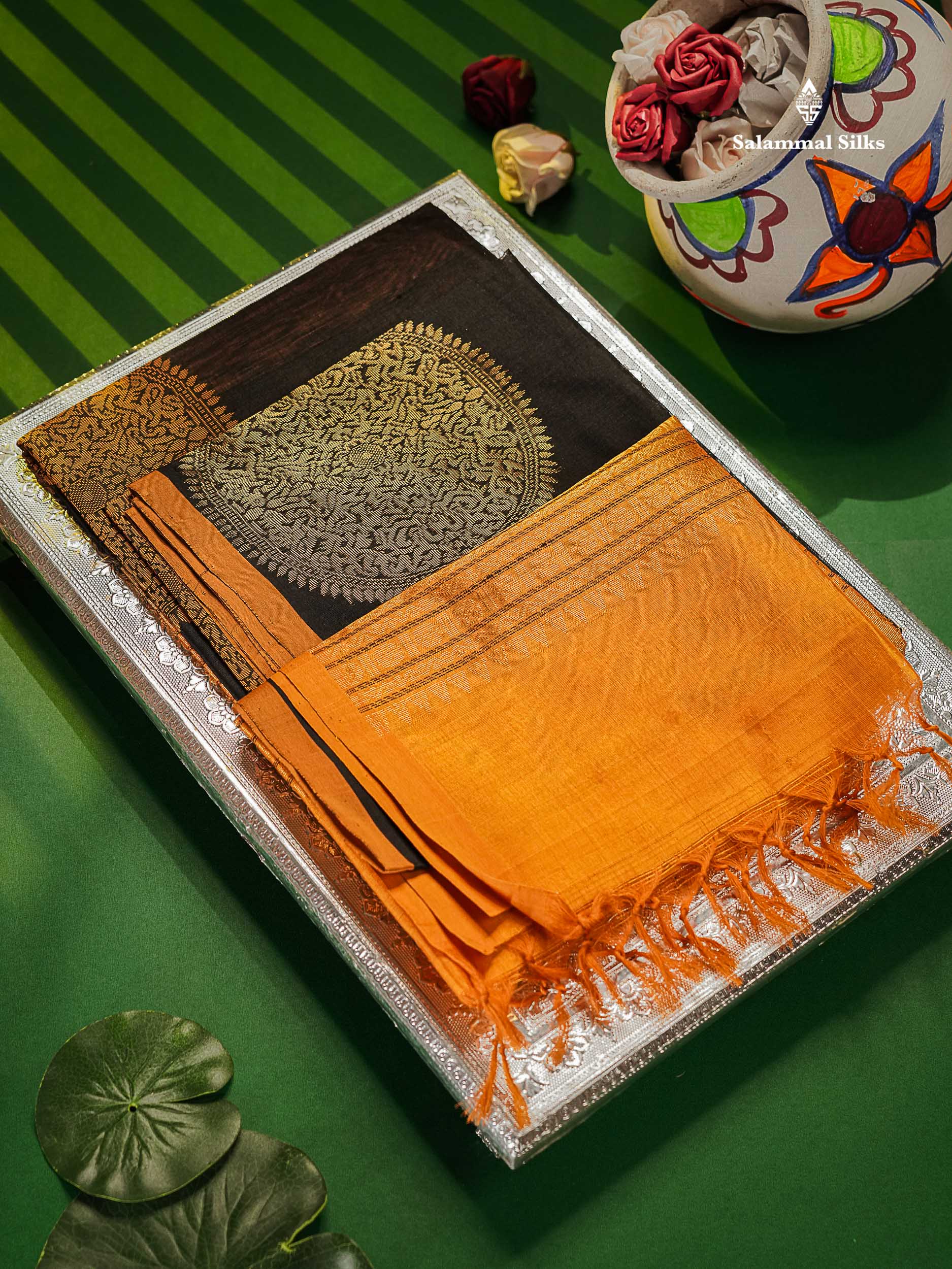 Pure Silk Cotton Saree - Black Colour Body Thread Butta & Mustard Yellow Blouse