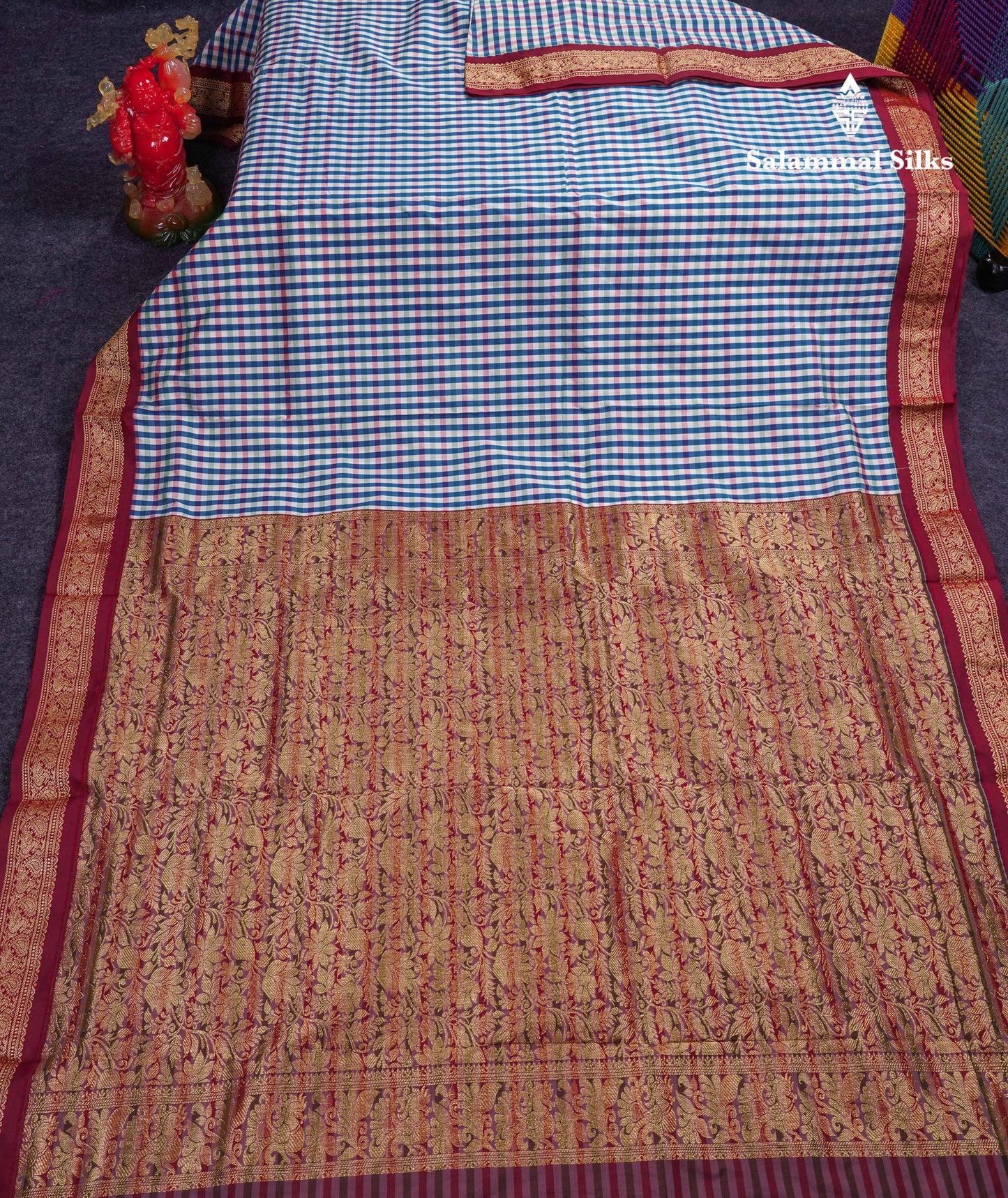 9.5 Yards Semi Silk Saree Peacock Blue & White Checks With Contrast Maroon Traditional Border