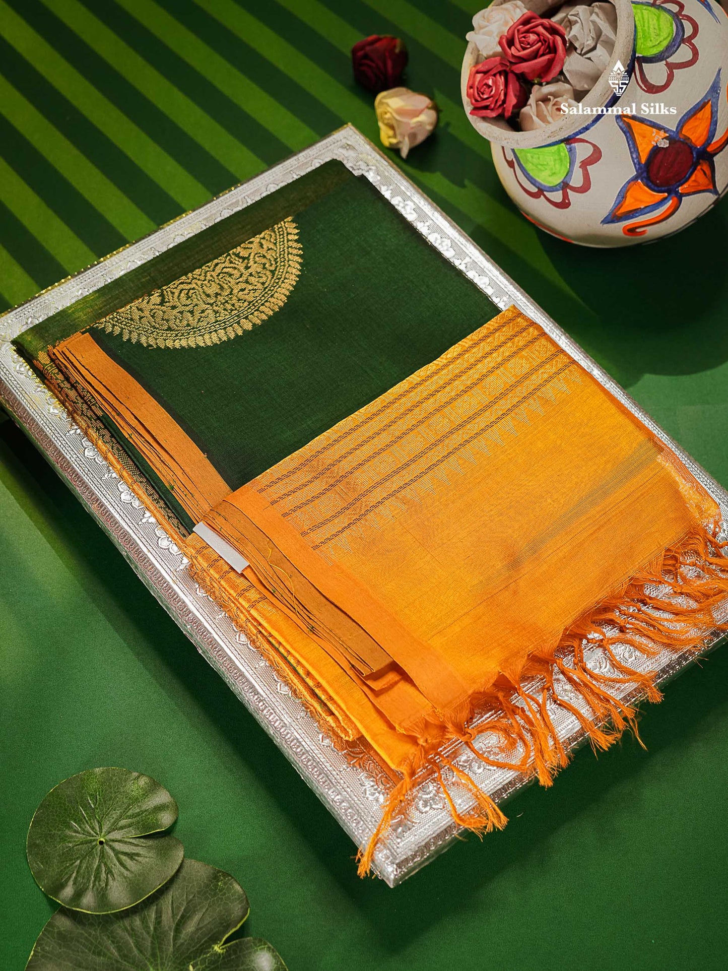 Pure Silk Cotton Saree - Bottle Green Colour Body Thread Butta & Mustard Yellow Blouse