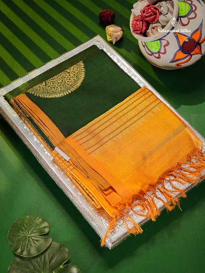 Pure Silk Cotton Saree - Bottle Green Colour Body Thread Butta & Mustard Yellow Blouse