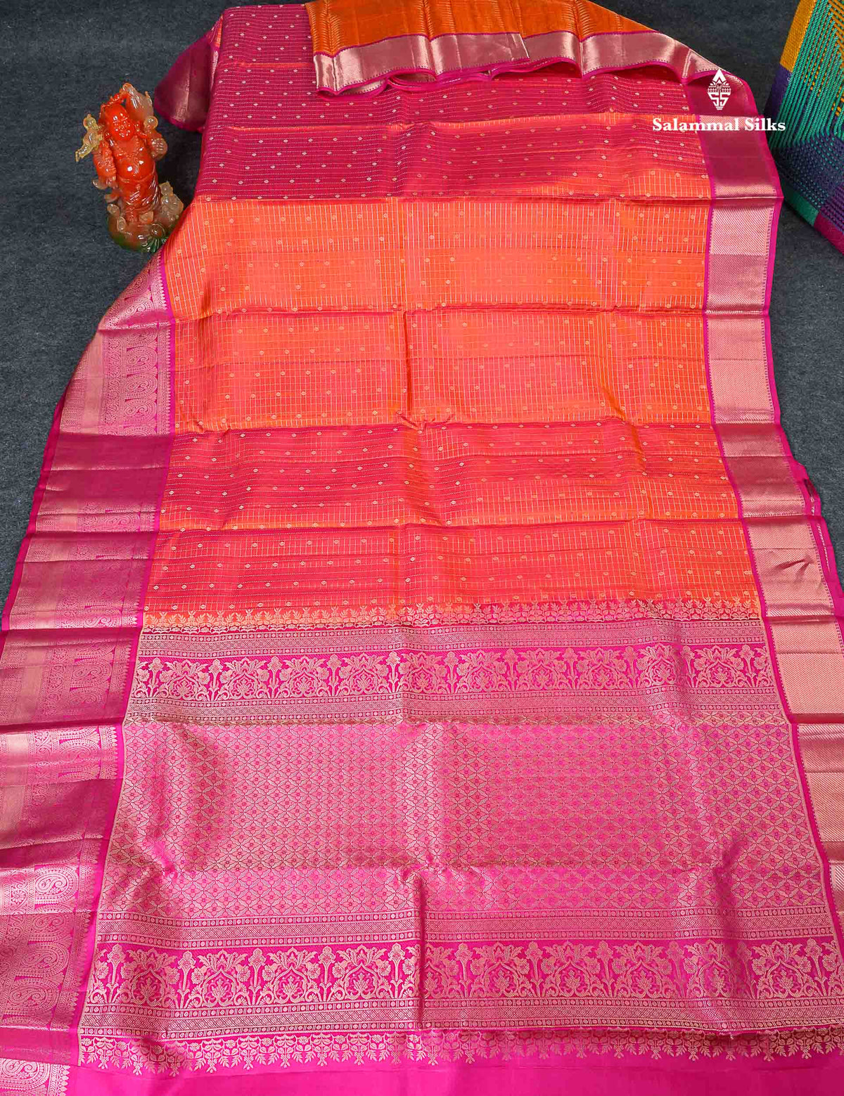 Pure Kanjivaram Silk Saree - Orange Colour Body Checks With Butta & Pink Border