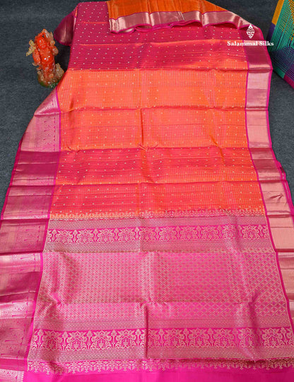 Pure Kanjivaram Silk Saree - Orange Colour Body Checks With Butta & Pink Border