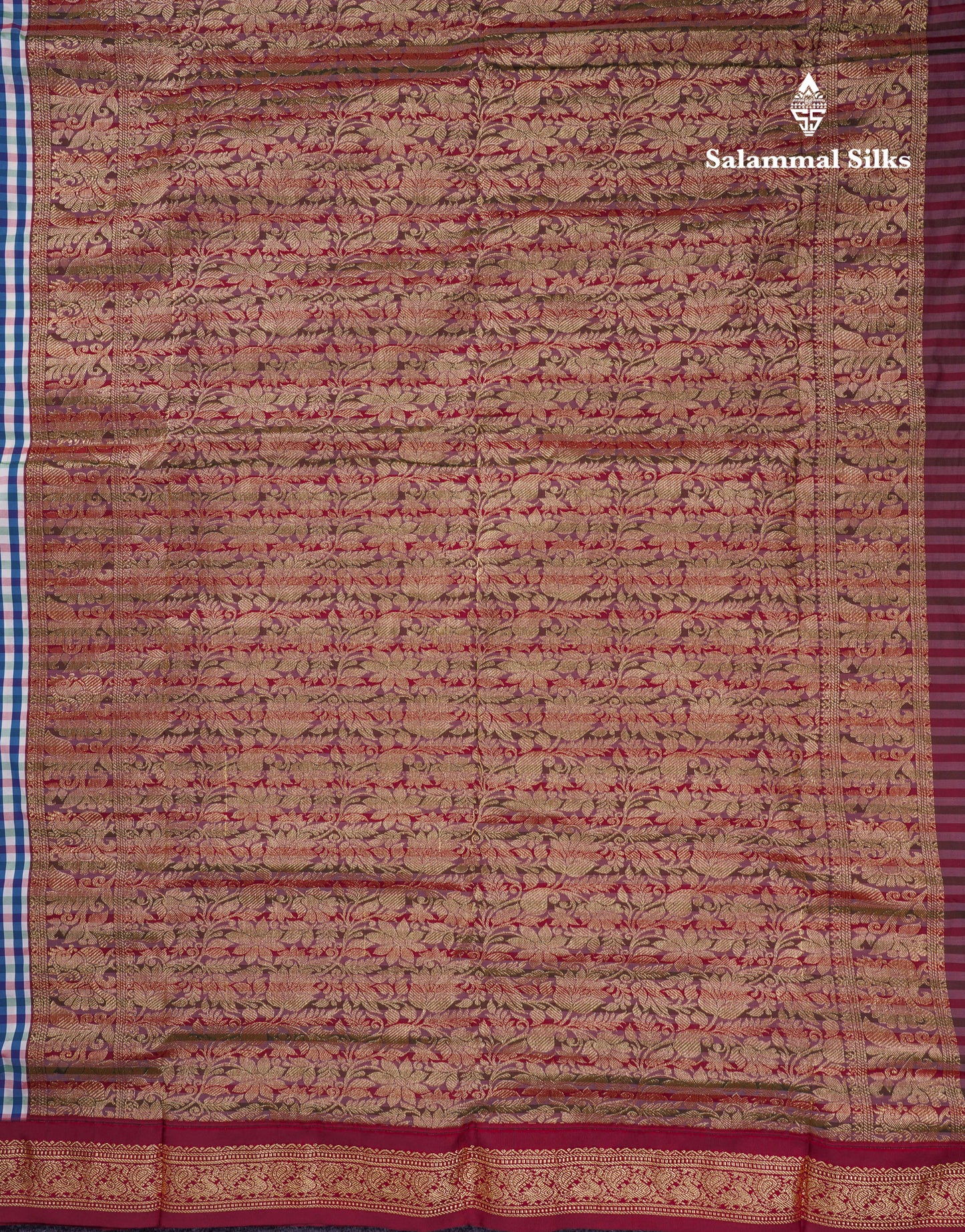 9.5 Yards Semi Silk Saree Peacock Blue & White Checks With Contrast Maroon Traditional Border