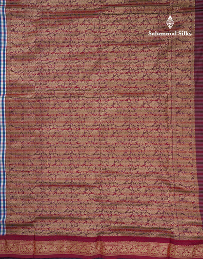 9.5 Yards Semi Silk Saree Peacock Blue & White Checks With Contrast Maroon Traditional Border