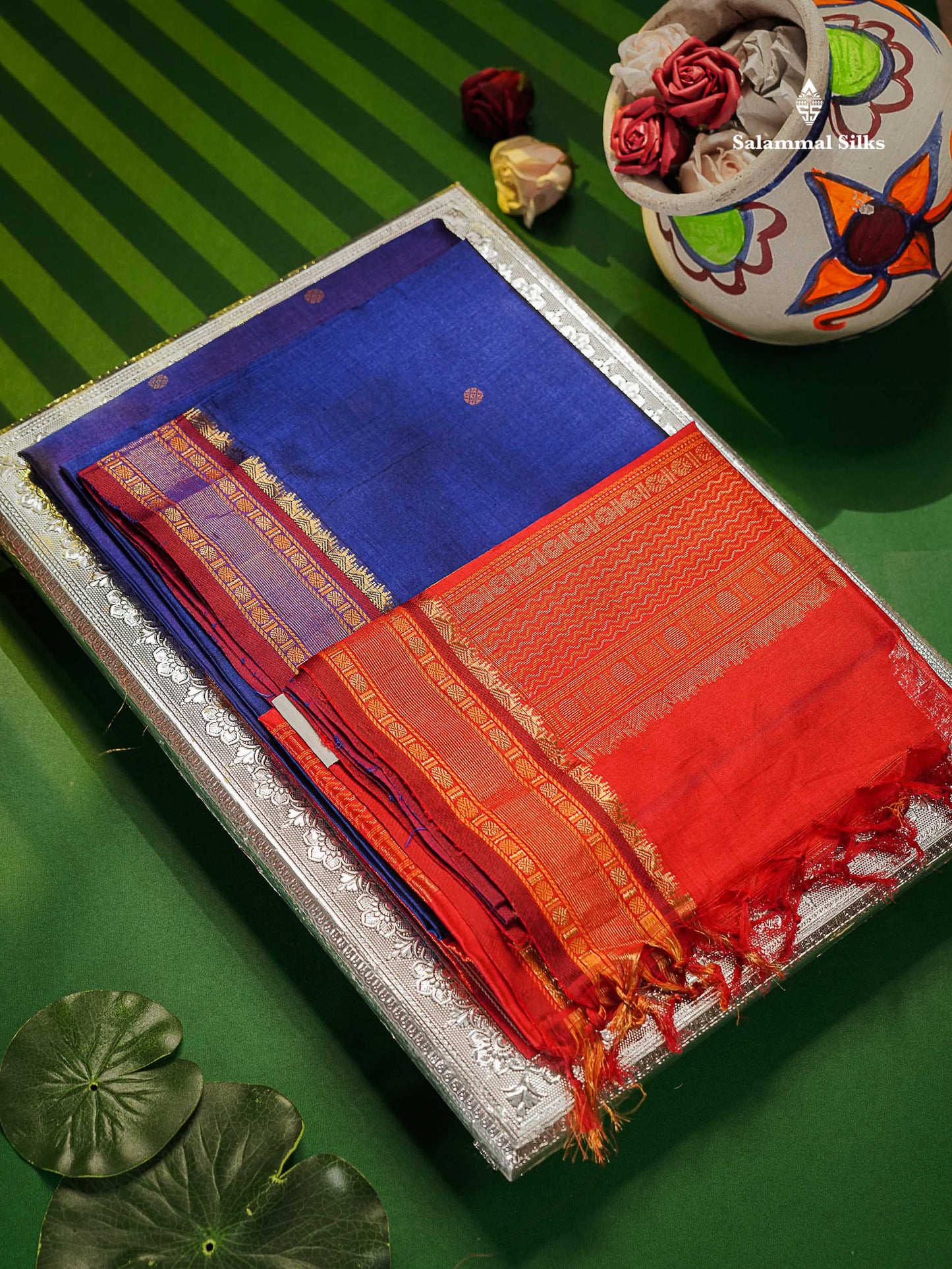 Pure Silk Cotton Saree - Royal Blue Colour Body With Butta & Traditional Border