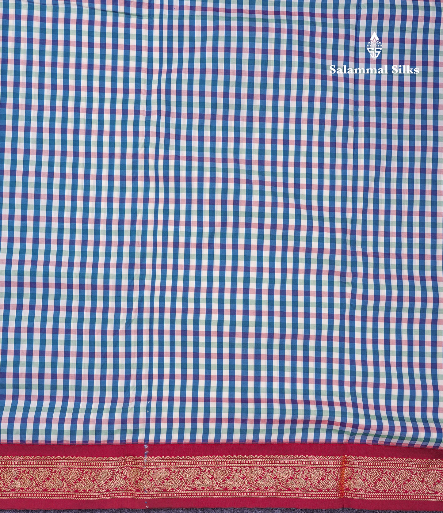 9.5 Yards Semi Silk Saree Peacock Blue & White Checks With Contrast Maroon Traditional Border