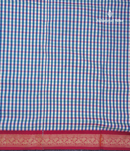 9.5 Yards Semi Silk Saree Peacock Blue & White Checks With Contrast Maroon Traditional Border