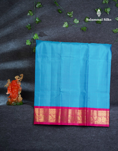 Pure Silk Pattu Pavadai Small Checks (Blue) With Contrast Pink Blouse 44.5"