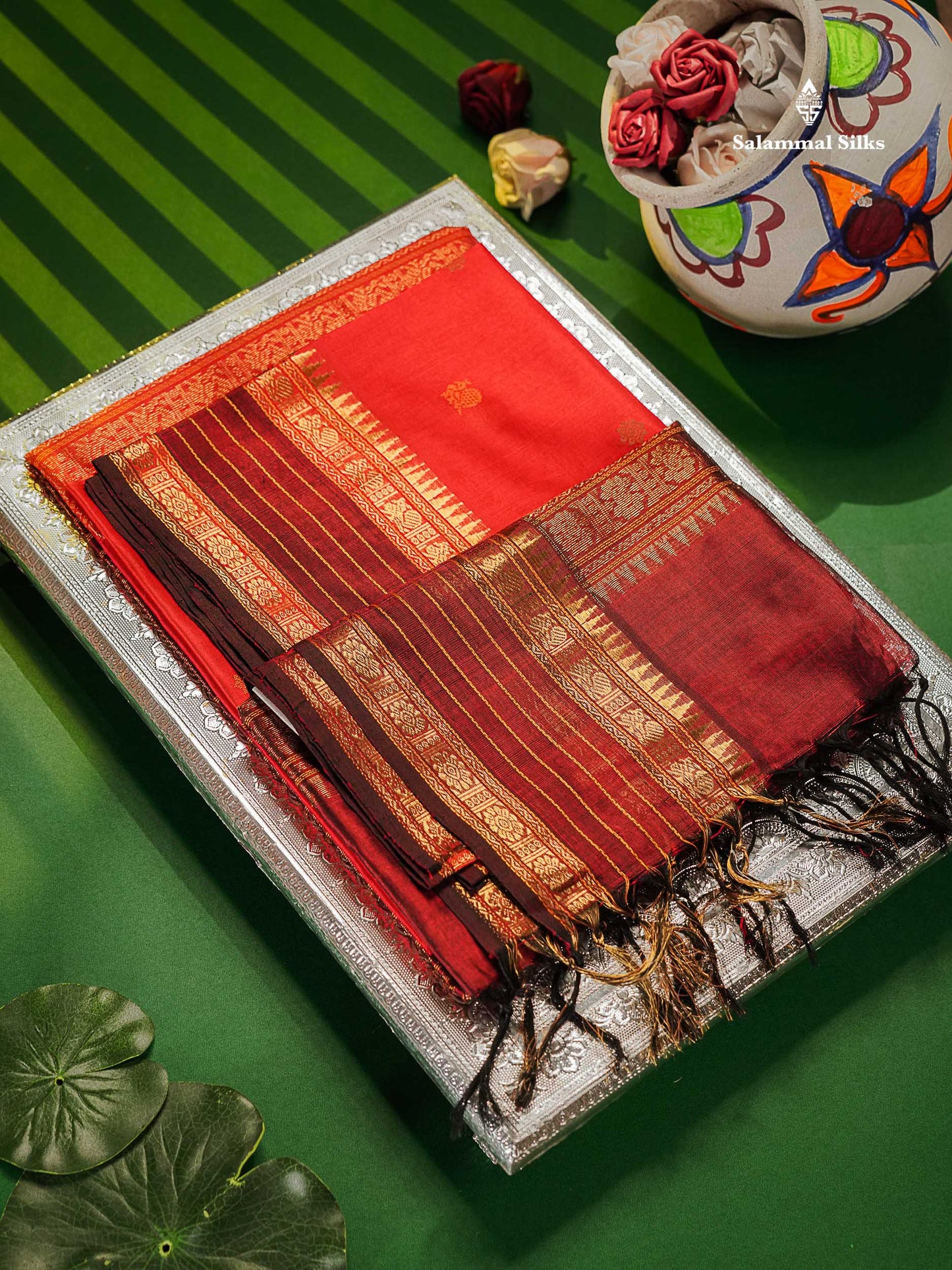 Pure Silk Cotton Saree - Red Colour Body Thread Butta & Maroon Traditional Border