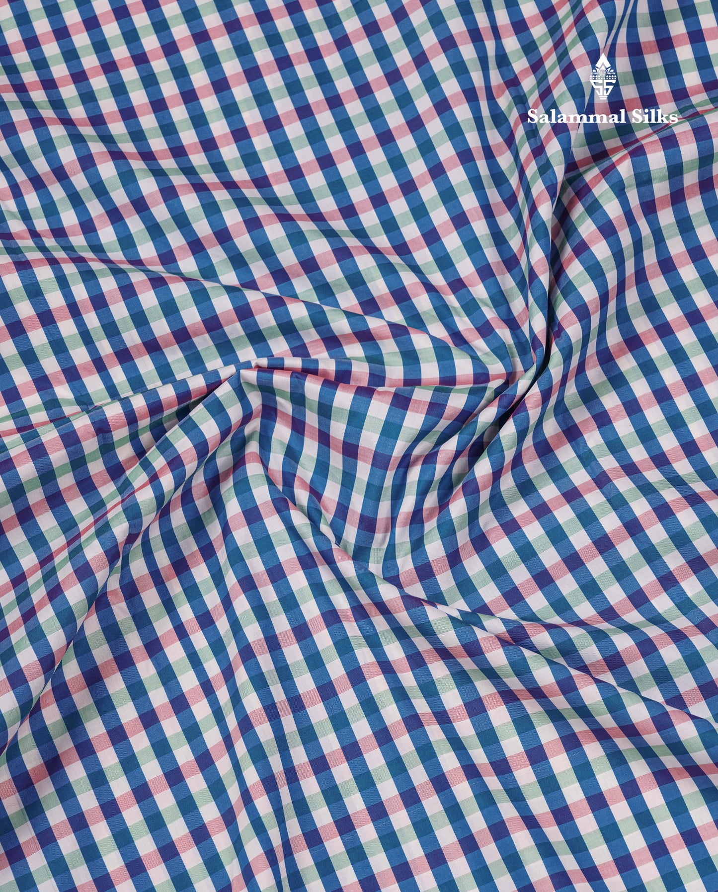 9.5 Yards Semi Silk Saree Peacock Blue & White Checks With Contrast Maroon Traditional Border