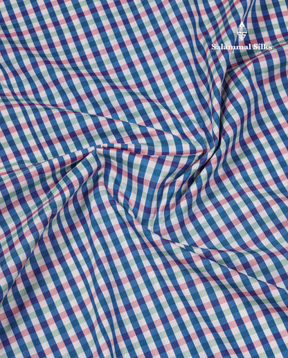 9.5 Yards Semi Silk Saree Peacock Blue & White Checks With Contrast Maroon Traditional Border