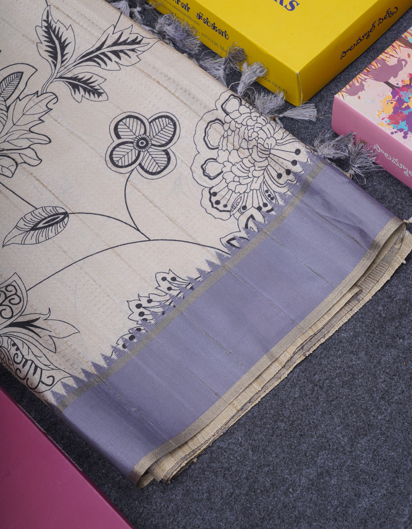 Cream Sandal Semi Tussar Fancy Saree With Contrast Light Violet Fancy Border