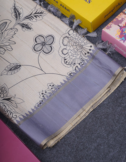 Cream Sandal Semi Tussar Fancy Saree With Contrast Light Violet Fancy Border
