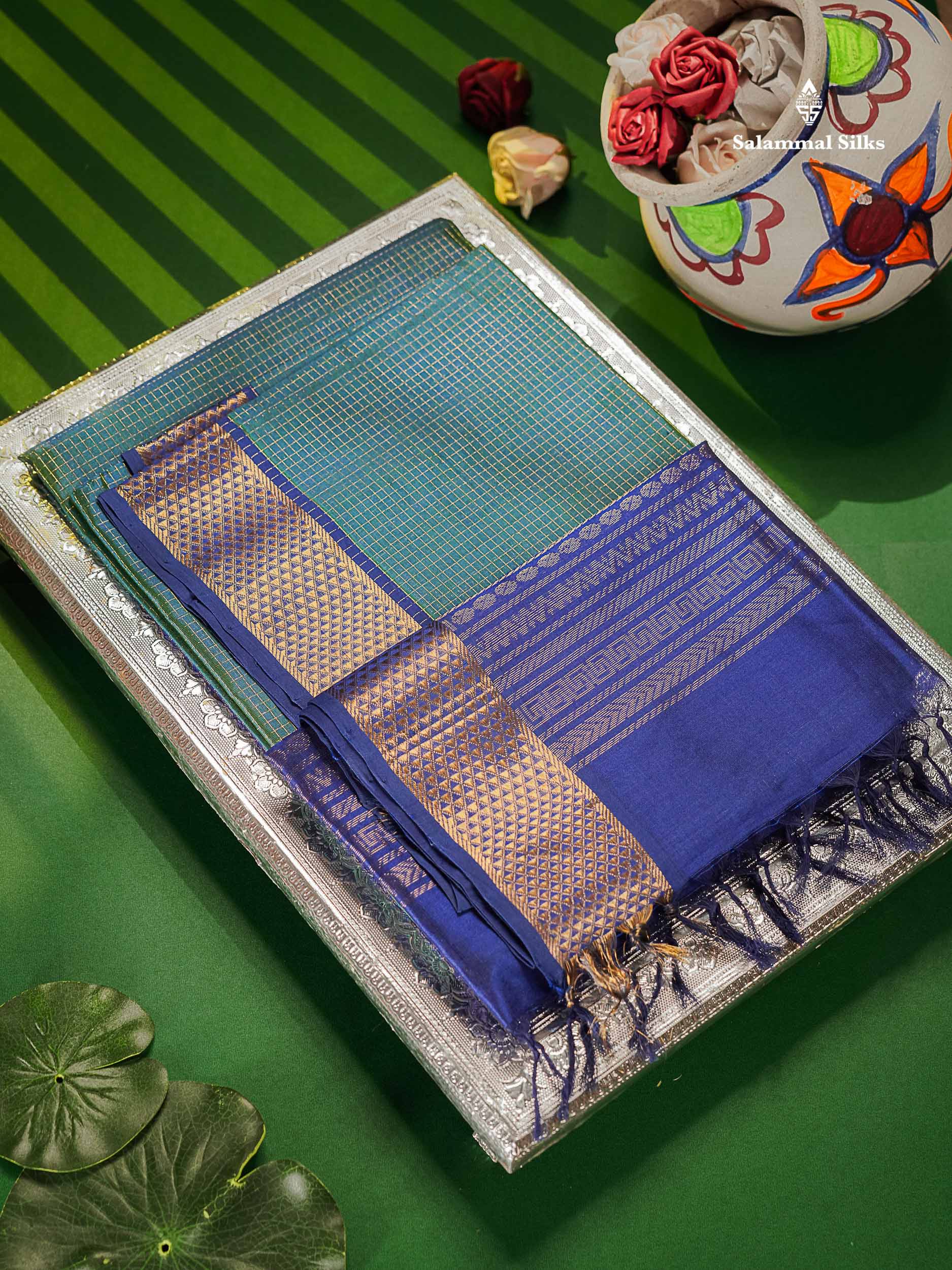 Pure Silk Cotton Saree - Dual Tone Peacock Blue Colour Body Small Zari Checks With Contrast Blue Border