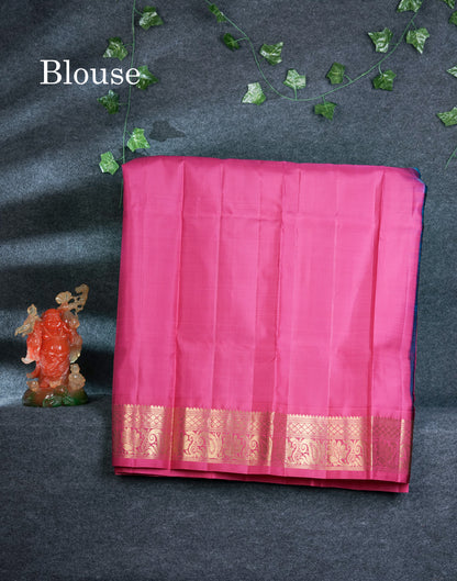 Pure Silk Pattu Pavadai Small Checks (Blue) With Contrast Pink Blouse 44.5"