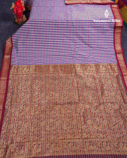 9.5 Yards Semi Silk Saree Violet & White Checks With Contrast Maroon Traditional Border