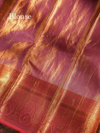 Beautiful Light Violet Tissue Bridal Pure Kanjivaram Silk Saree With Contrast Peach Traditional Border