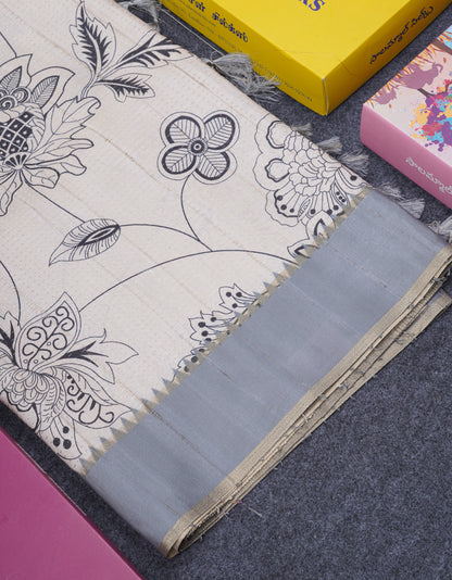 Cream Sandal Semi Tussar Fancy Saree With Contrast Light Violet Fancy Border