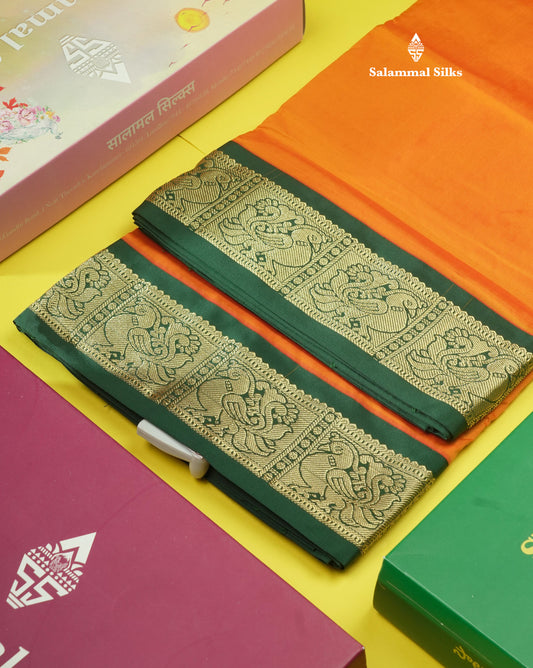 9.5 Yards Semi Silk Saree Mango Yellow with Contrast Bottle Green Traditional Border