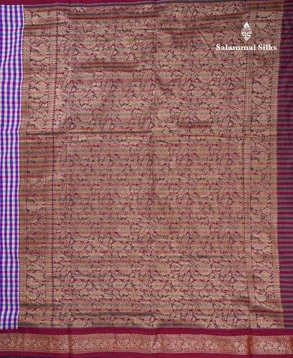 9.5 Yards Semi Silk Saree Violet & White Checks With Contrast Maroon Traditional Border