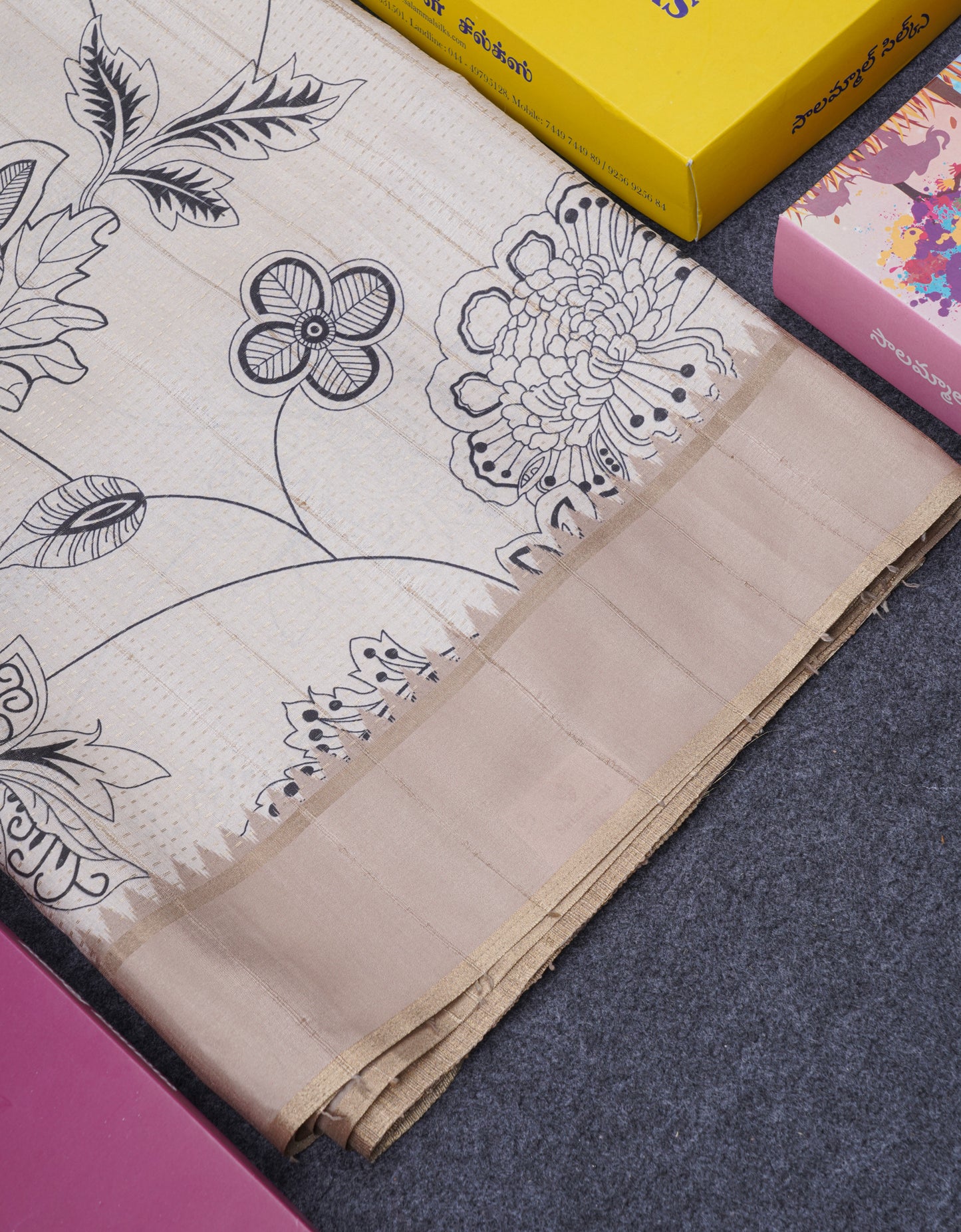 Cream Sandal Semi Tussar Fancy Saree With Contrast Light Violet Fancy Border