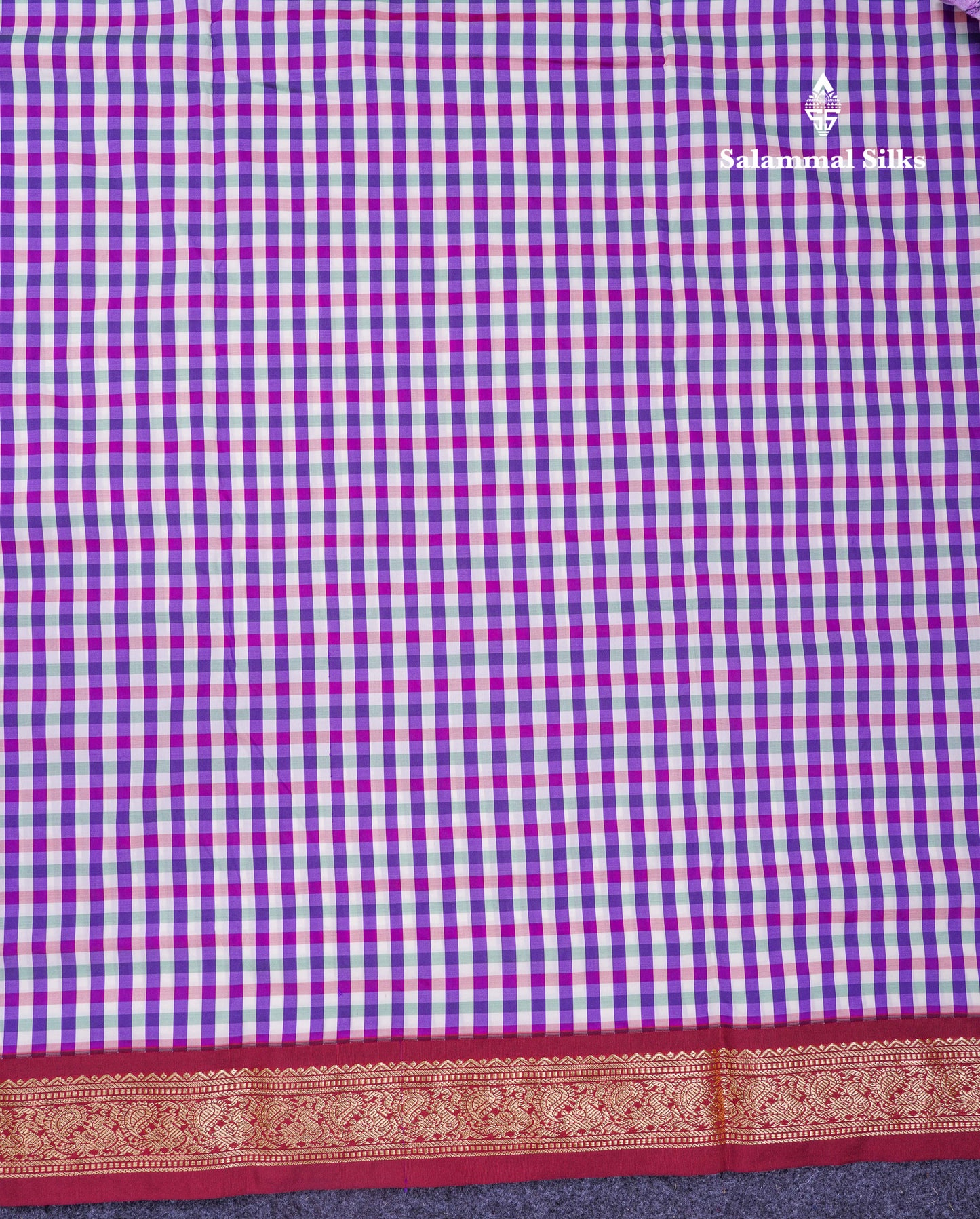 9.5 Yards Semi Silk Saree Violet & White Checks With Contrast Maroon Traditional Border