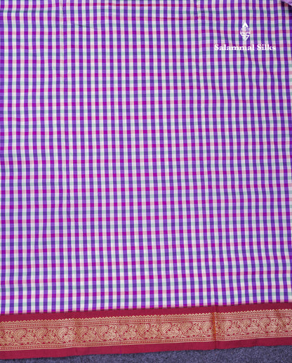 9.5 Yards Semi Silk Saree Violet & White Checks With Contrast Maroon Traditional Border