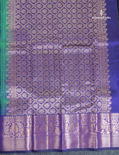 Pure Kanjivaram Silk Saree - Dual Tone Sea Green Colour Body Checks With Butta & Navy Blue Border