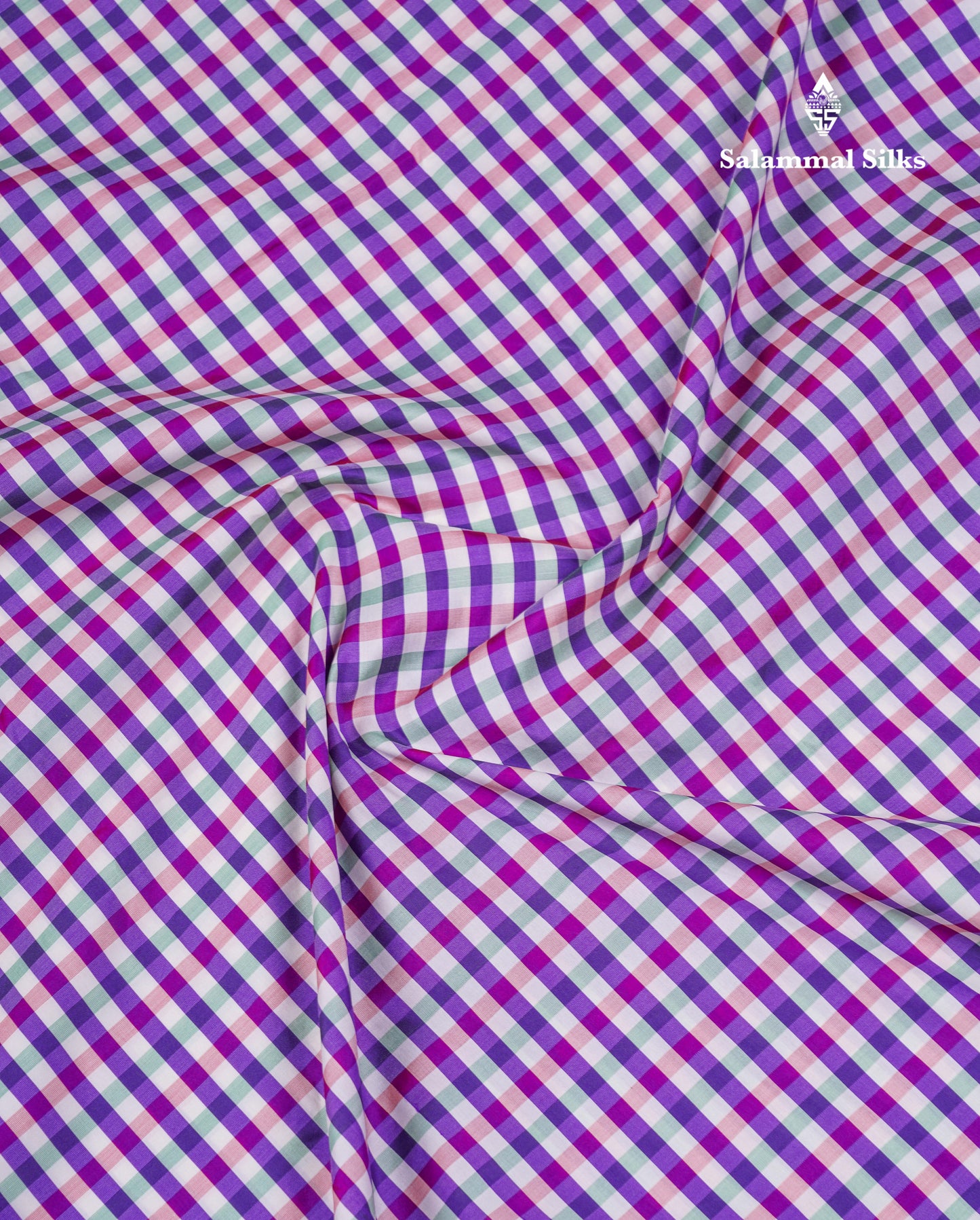 9.5 Yards Semi Silk Saree Violet & White Checks With Contrast Maroon Traditional Border