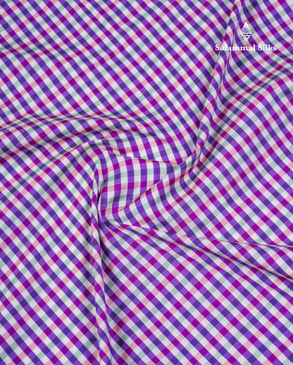 9.5 Yards Semi Silk Saree Violet & White Checks With Contrast Maroon Traditional Border