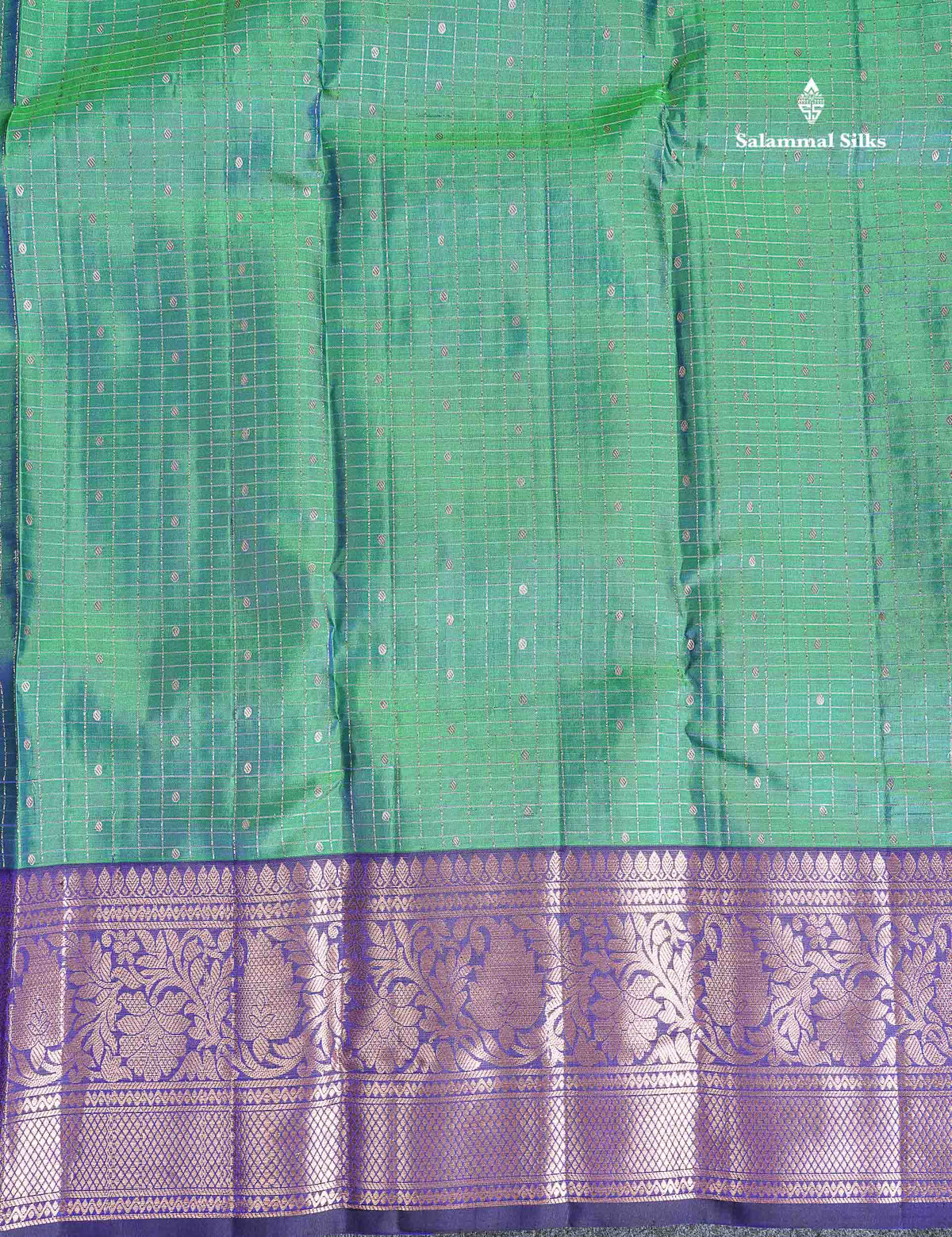 Pure Kanjivaram Silk Saree - Dual Tone Sea Green Colour Body Checks With Butta & Navy Blue Border