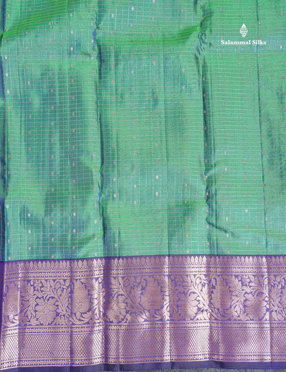 Pure Kanjivaram Silk Saree - Dual Tone Sea Green Colour Body Checks With Butta & Navy Blue Border