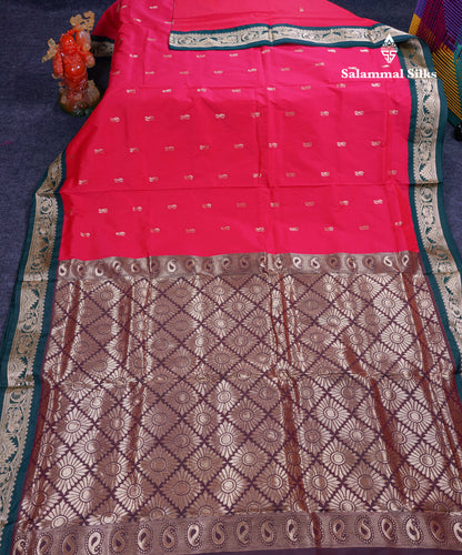 11 Yards Semi Silk Saree Dual Tone Red with Contrast Bottle Green Traditional Border