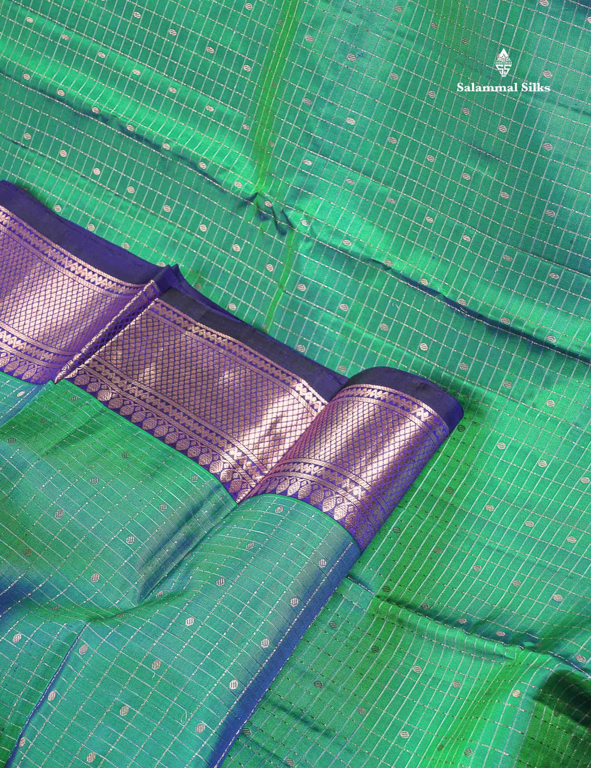 Pure Kanjivaram Silk Saree - Dual Tone Sea Green Colour Body Checks With Butta & Navy Blue Border