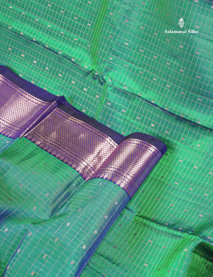 Pure Kanjivaram Silk Saree - Dual Tone Sea Green Colour Body Checks With Butta & Navy Blue Border