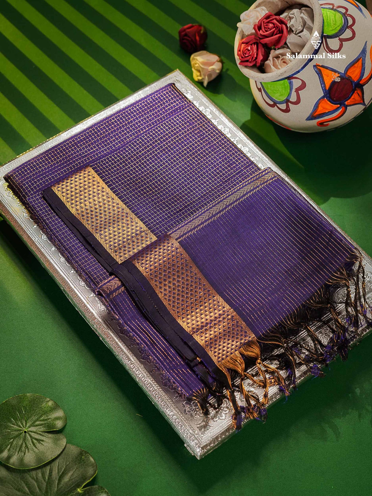 Pure Silk Cotton Saree - Violet Colour Body Small Zari Checks With Traditional Border