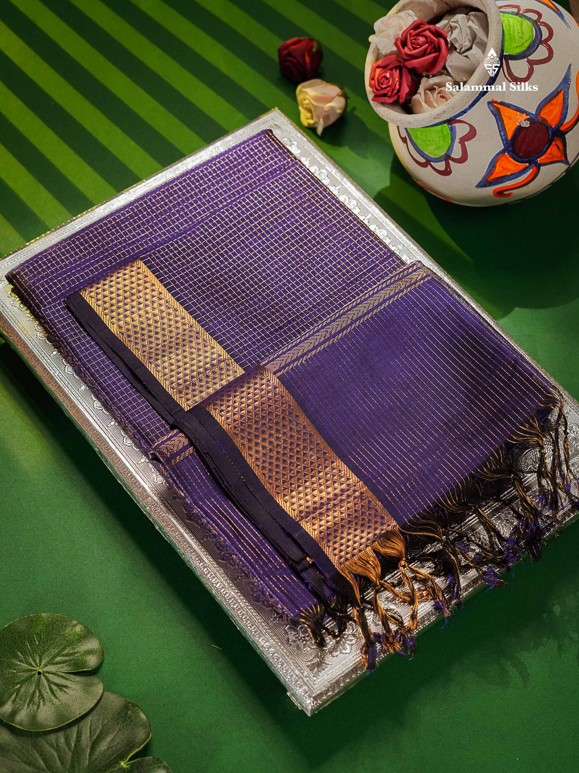 Pure Silk Cotton Saree - Violet Colour Body Small Zari Checks With Traditional Border